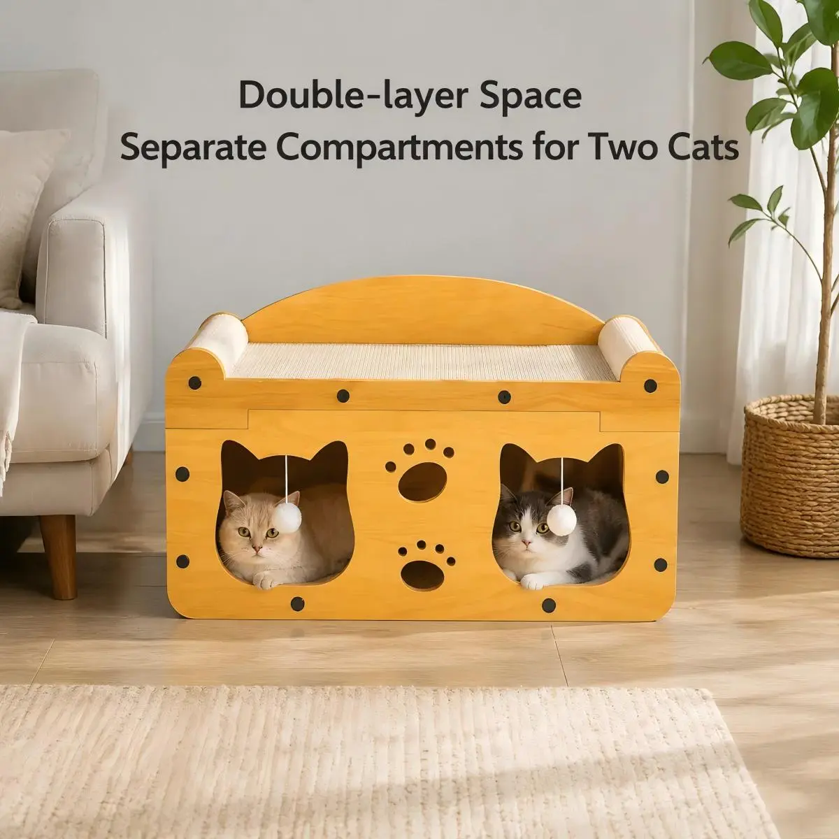 Wooden Frame Cat House - 2 Private Areas, Scratching Top, Interactive Balls, Cat Furniture, Pet Supplies, Wood Frame