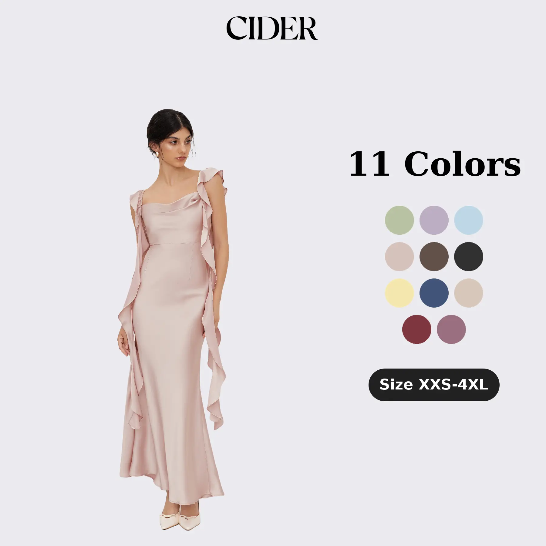 Cider Women's Sleeveless Woven Satin Maxi Dress - Plain Polyester Formal Gown with Cowl Neck, Ruffle Hem for Wedding Guests