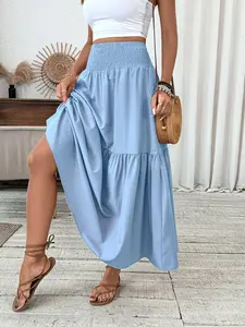 Women's Floral Casual A-Line Skirt, Elastic Waist Pockets, Leaf Hem, Long Fitted Skirt, Fashionable Mid-Length Dress