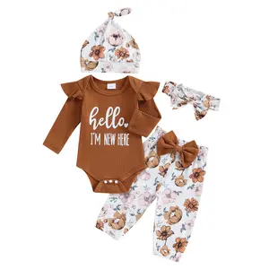 Newborn Baby Girl Clothes Outfits Rib Knit Bodysuit Romper Floral Pants Headband Hat Coming Home Outfit
