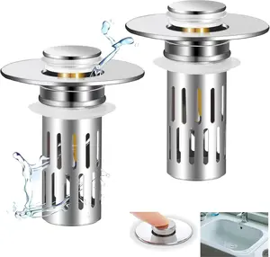 2-in-1 Bathroom Sink Stopper with Pop-up Design & Anti-Clog Stainless Steel Filter Basket - Removable Hair Trap & Anti-Odor Drain Stopper for Sinks