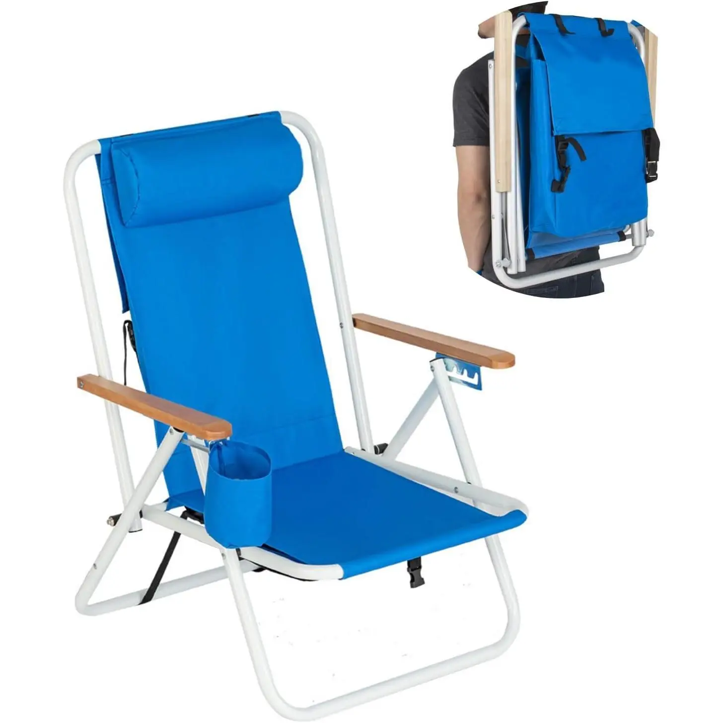 Outvita Folding Beach Chair Adjustable Headrest w/4 Flexible Tilt Angle, Cup Holder Portable High Strength Cleanable Fabric, for Sand Camping Lawn Concert Travel Festival Summervibes