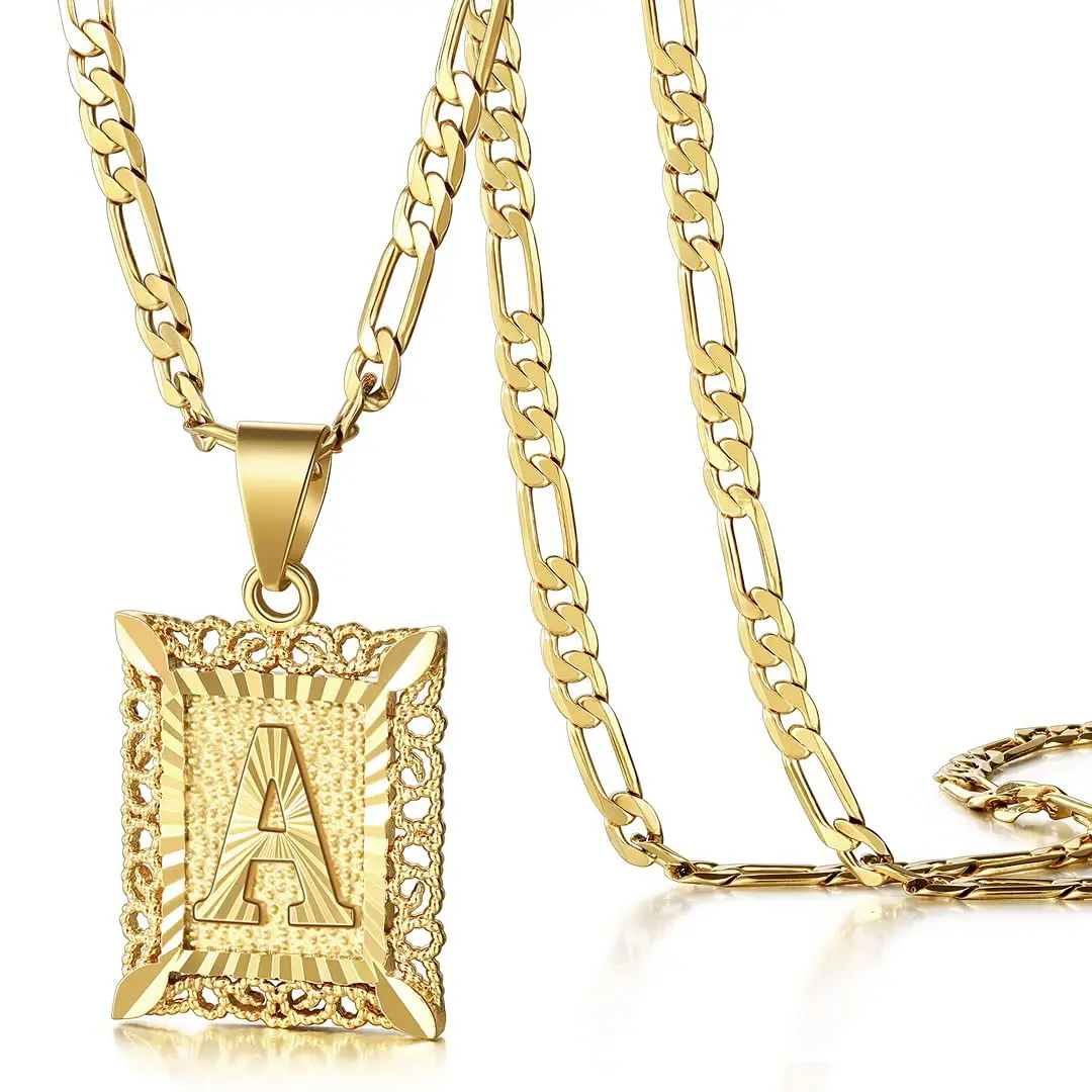 14K Gold Plated Square Initial Necklace Cuban Link Chain Men Women Stainless Steel Letter Pendant A-Z Alphabet Charm Hip Hop Jewelry Personalized Gift