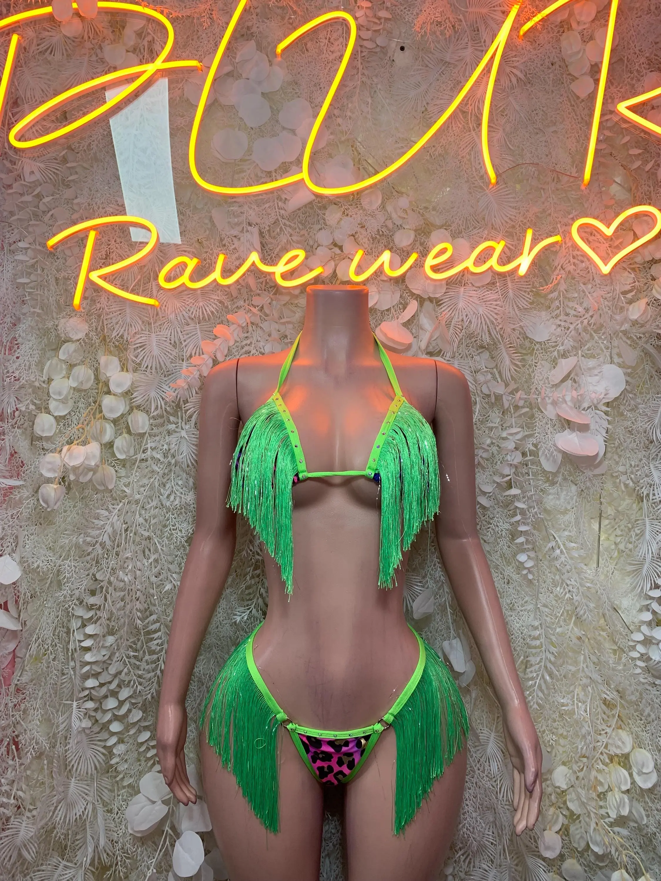Neon Green Fringe Bikini Set: Leopard Print, Triangle Micro Rave Wear