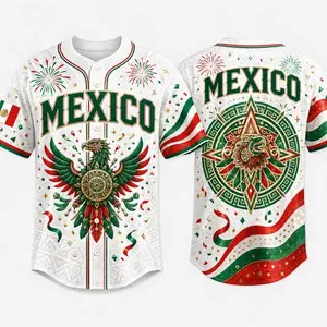 2026 Mexico Inspired White Fiesta Button Down Baseball Jersey for Men, Aztec Eagle Emblem, Confetti Fireworks Graphic, Flag Color Wave Design, Short Sleeve Sports Fan Shirt, Casual Futbol Game Day Top