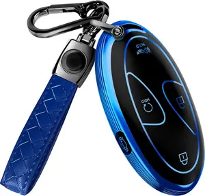 Compatible with Hyundai Key Fob Cover & Leather Keychain, Keyfob Case for Santa Fe, Sonata, Tucson, Grandeur, Ioniq 6, KONA, Elantra - For 5 Button Remote (2022-2025) - Blue and Black