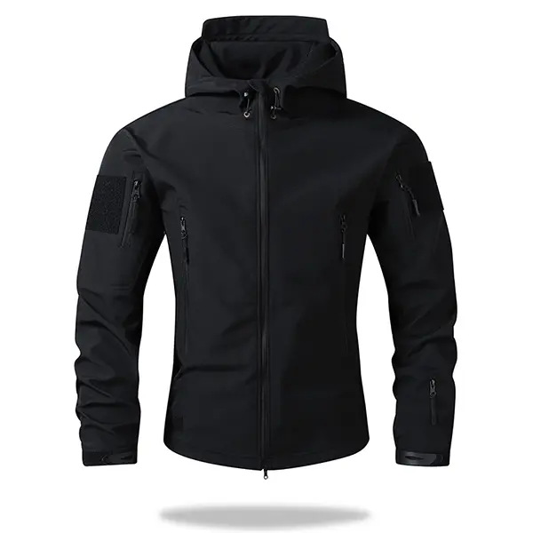 1 piece men’s solid-color hooded softshell jacket with fleece lining and thickened construction; no prints, minimalist plain design; metal zipper, multiple pockets, component decorative details; slim outdoor workwear fit; versatile for spring/autumn daily
