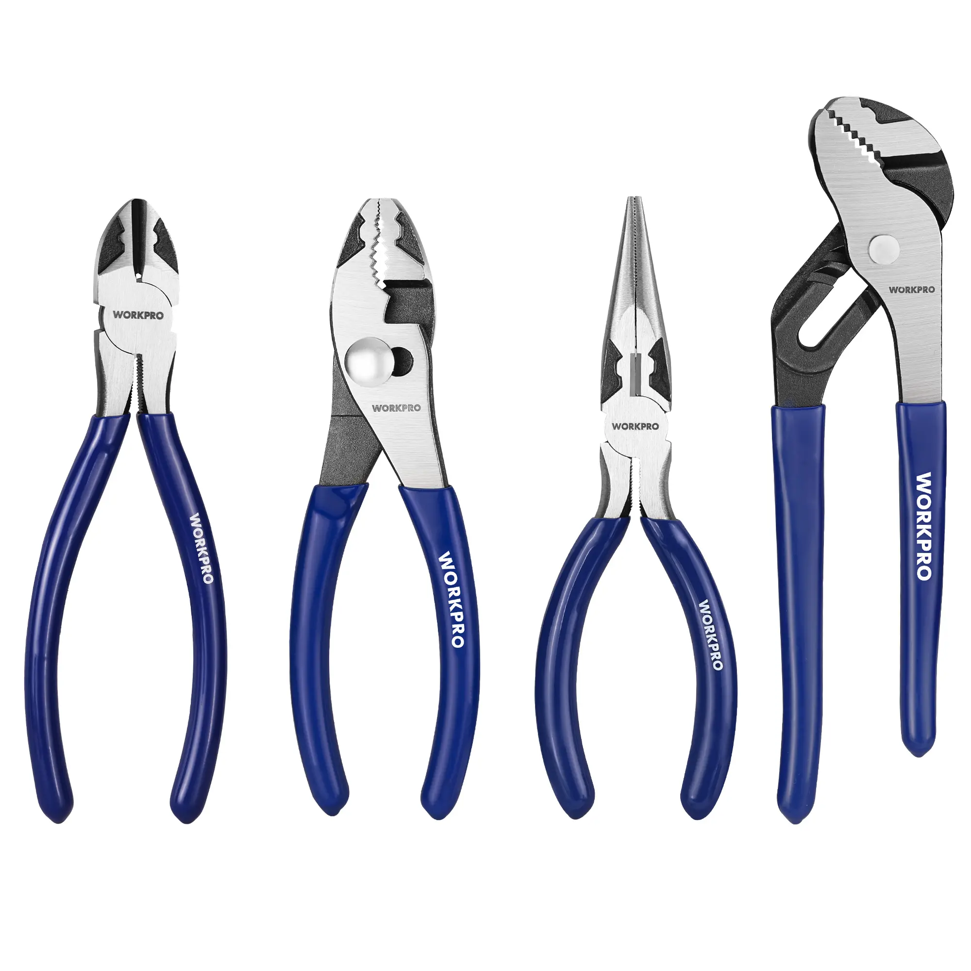 WORKPRO Pliers Set, Professional Hand Tool Pliers – 6" Needle Nose, 6" Slip Joint, 8" Groove Joint & 6" Diagonal Cutting Plier, for Home & Electrical Work