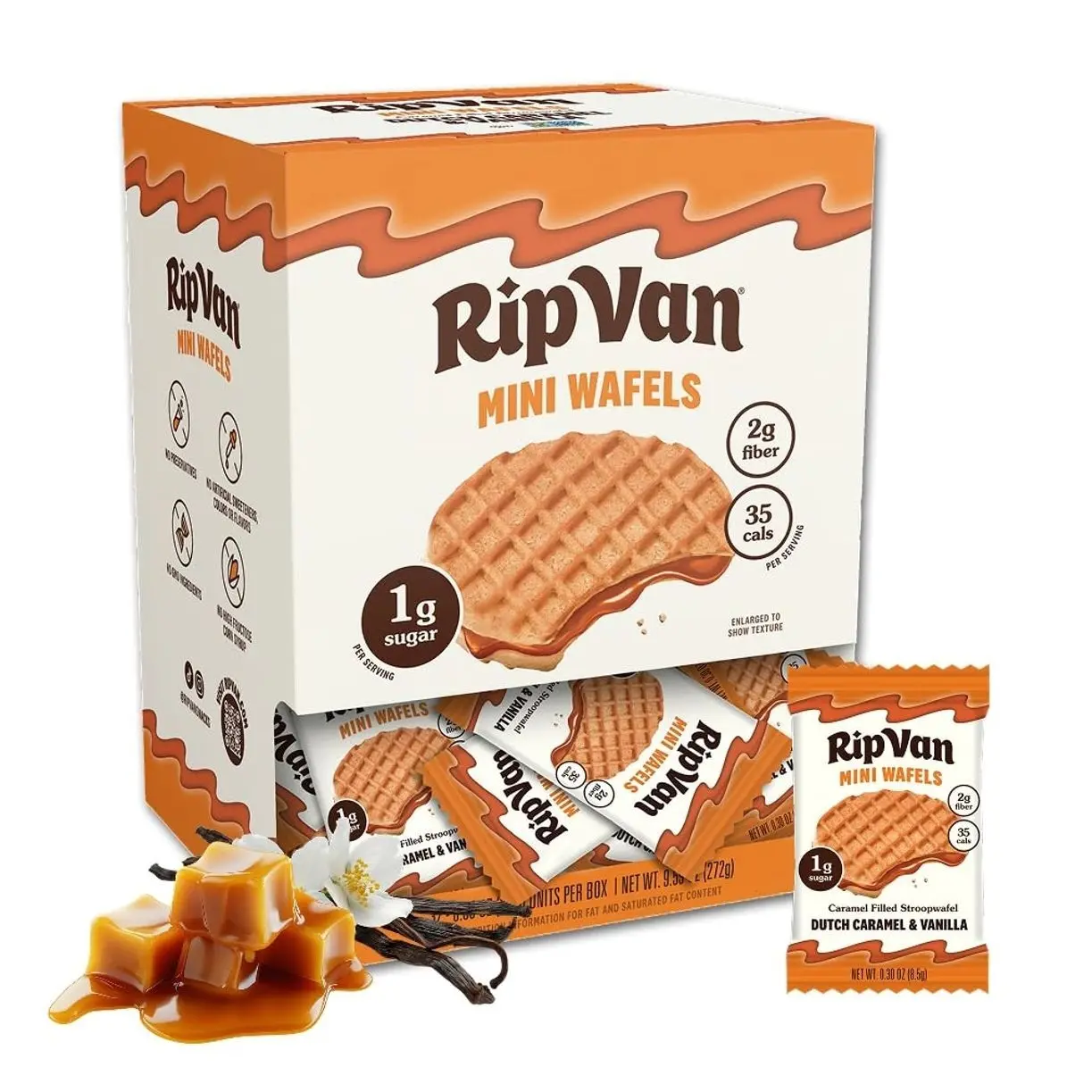 Rip Van Wafels Dutch Caramel Mini Stroopwafels - Low Carb Snacks (3g Net Carbs) - Non GMO Snack - Keto Friendly - Office Snacks - Low Calorie Snack (34 Calories) - Low Sugar (1g) - 32 Pack