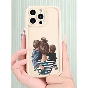 Minimalist White TPU Mother's Day Fashion Shockproof 1pc White Family Of 3 Minimalist TPU Shockproof Phone Case Suitable for a variety of iPhone models, from Iphone 17 series to Iphone 11 series, and Iphone x series Mom Of Boys Mother's Day Gift