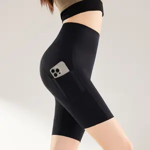 Women's quarter-length yoga pants for summer, thin, with pockets, high-waisted, tummy control, butt-lifting, base layer sharkskin fitness cycling shorts, light shaping pants