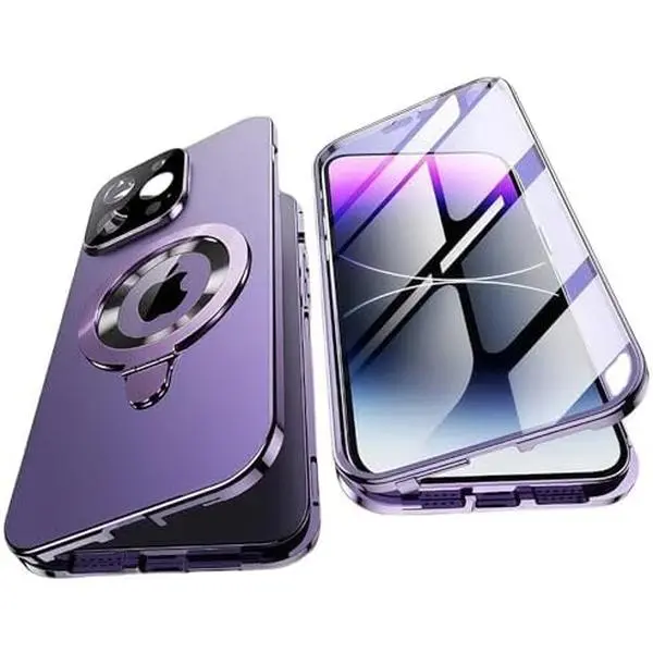 Magnetic Smartphone Casing with Metal Frame, Foldable Handheld Bracket, Anti-Peeping Glass Privacy Cover for iPhone 12/13/14/15/16/17 Pro Max - Full Coverage Protection Cellphone Device Accessory