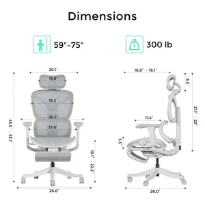 WELAX Ergonomic office chair (with retractable footrest) with high back mesh fabric, adjustable lumbar support, headrest, backrest, armrests, all controlled by one lever, hidden and noiseless footrest, suitable for home office, game room.
