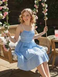 SKY BLUE 1950S WOMENWEAR SUMMER STRAP POLKA DOT SWING SLEEVELESS CASUAL DRESS Vintage Pleated Womenswear Retro Stage Marilyn Monroe Inspired Knee Length