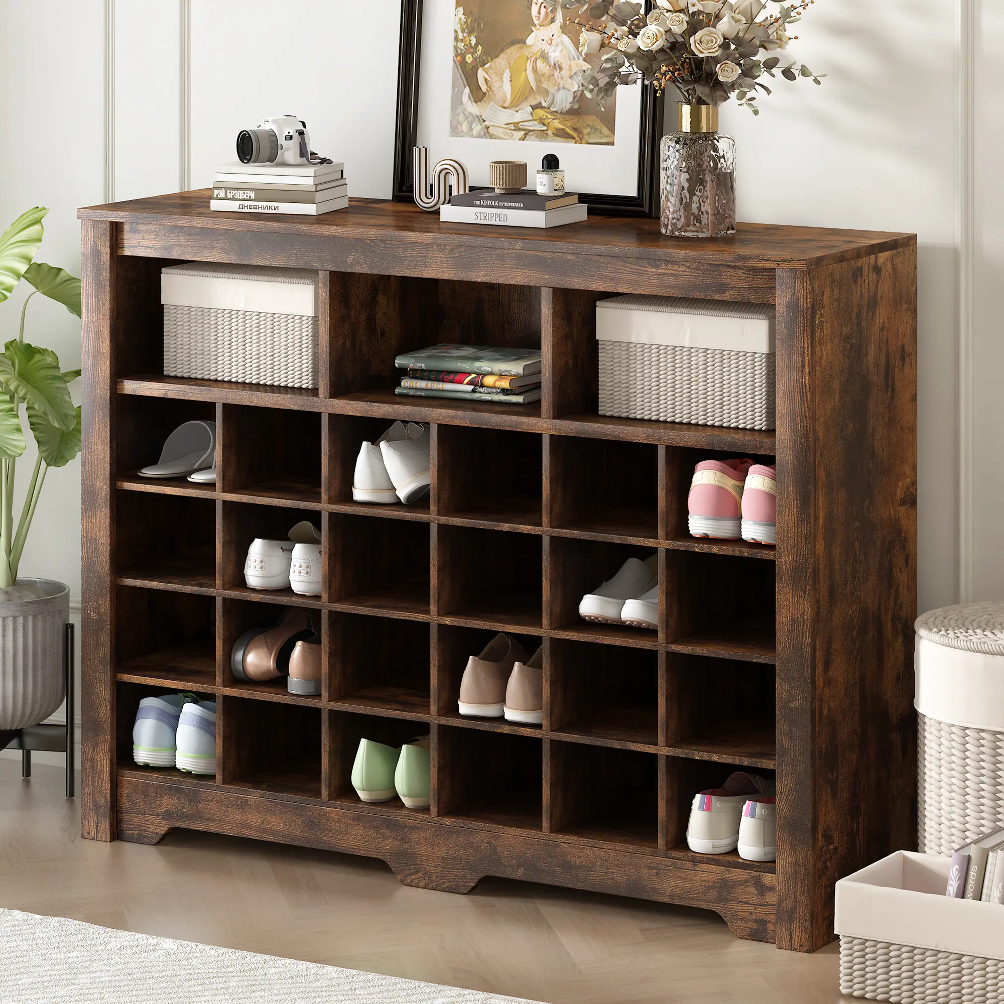 24-Cube Shoe Cubby Console Cabinet, Modern Shoe Storage Organizer with Curved Base, Versatile Sideboard for Hallway Entryway Bedroom Living Room, Rustic Brown Wood Finish, Space-Saving Shelf Unit, Home Furniture and Household Product Search