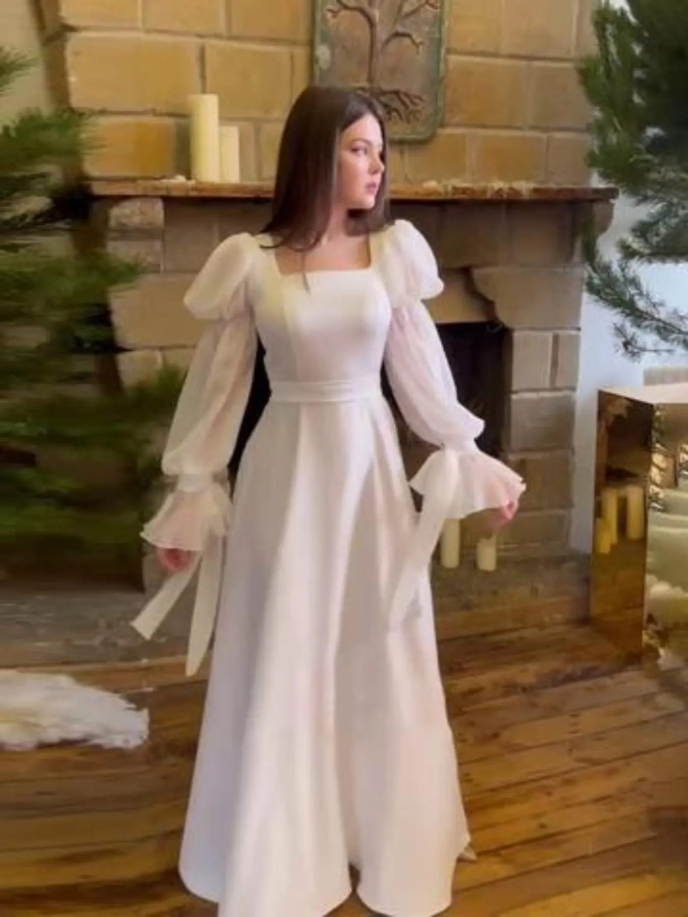 Elegant Women's Evening Dress Formal Woven with Square Neck, Waist Belt, Flared Sleeves, Fitted Party Gown for All Seasons, Plain Style, Womenswear