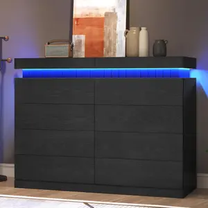 Sikaic Tall 8 Drawers Dresser with Sliding Top Storage Space, Modern Wood Large Chest of Drawers with LED Light and Power Outlet for Bedroom, Living Room, Hallway, Entryway Black