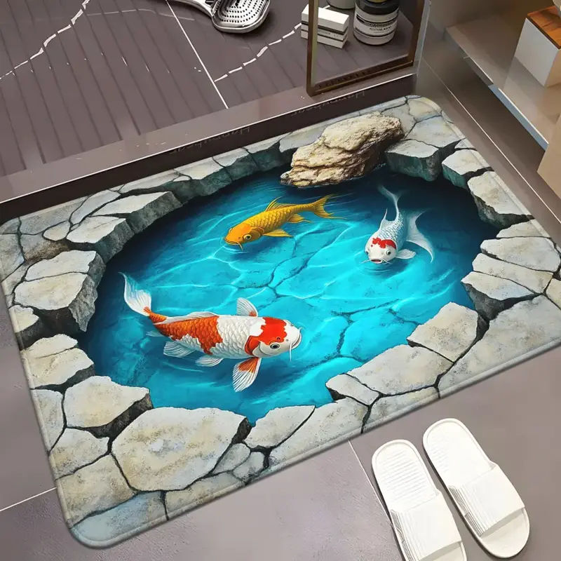 3D Aquatic Theme Polyester Rectangle Bath Mat - Synthetic, Non-Slip, Ultra-Soft Flannel, Waterproof, Quick-Drying, Machine Wash, Patterned Textured Bathroom Accessory, Super Soft