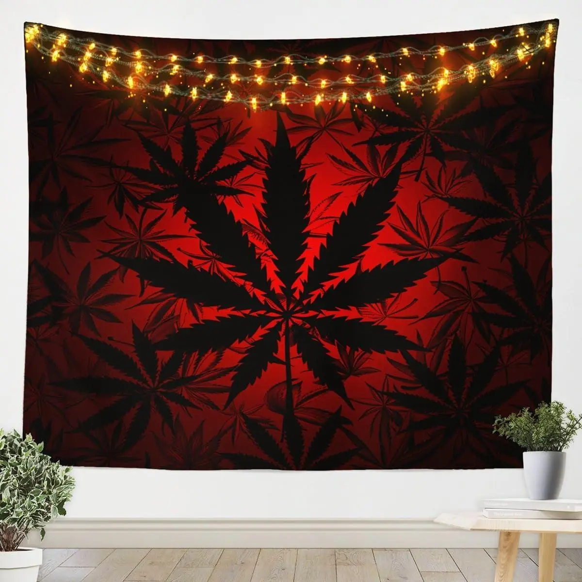 Leaf Tapestry - Medium,,- Leaf Tapestry Bedroom Aesthetic - Gradient Red Black Leaves