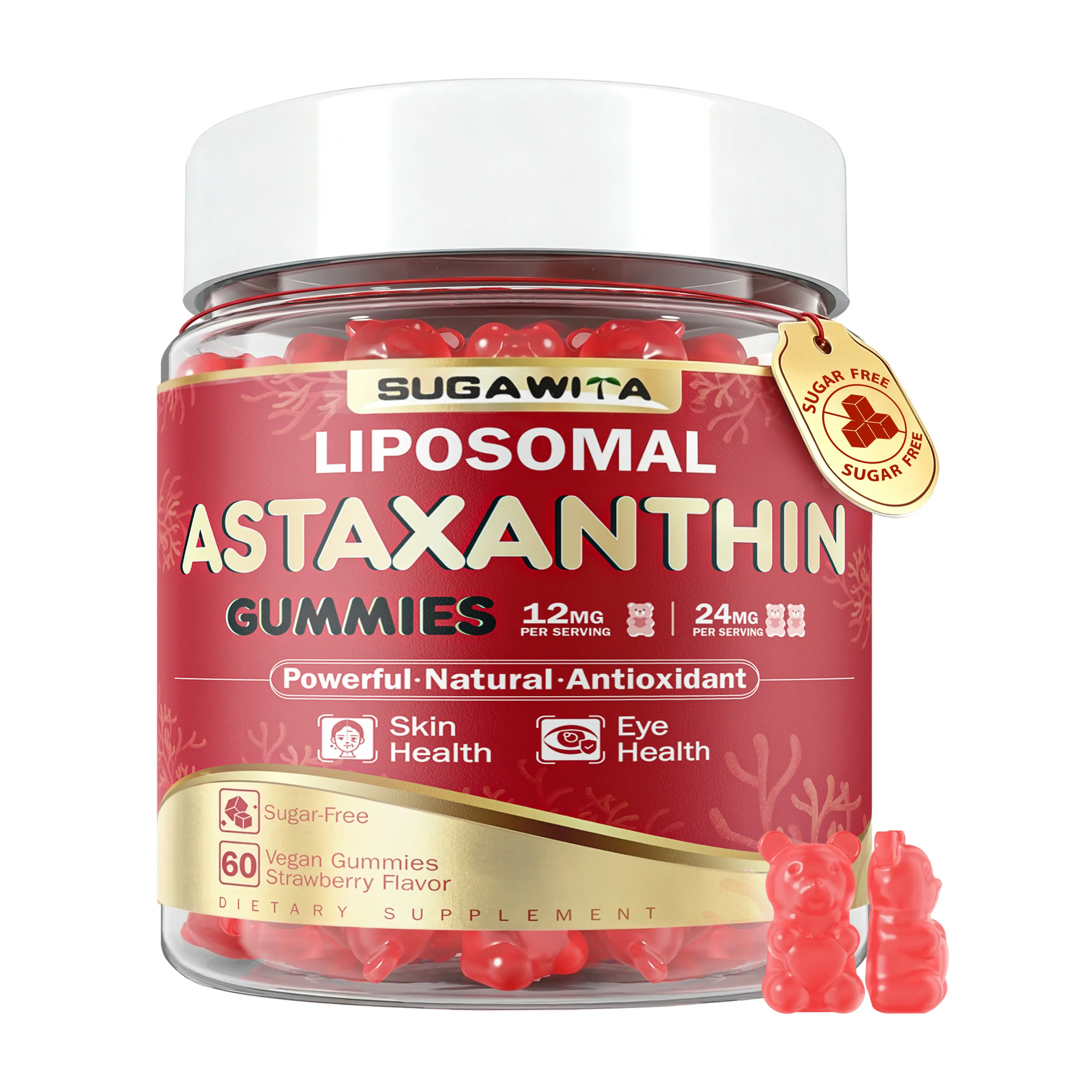 SUGAWITA Astaxanthin 12mg 24mg Gummies, Astaxanthin Supplements for Women & Men, High-Absorption Organic Antioxidant for Skin, Eye & Immune Health, Vegan, Sugar-Free, Strawberry Flavor, 60 Count