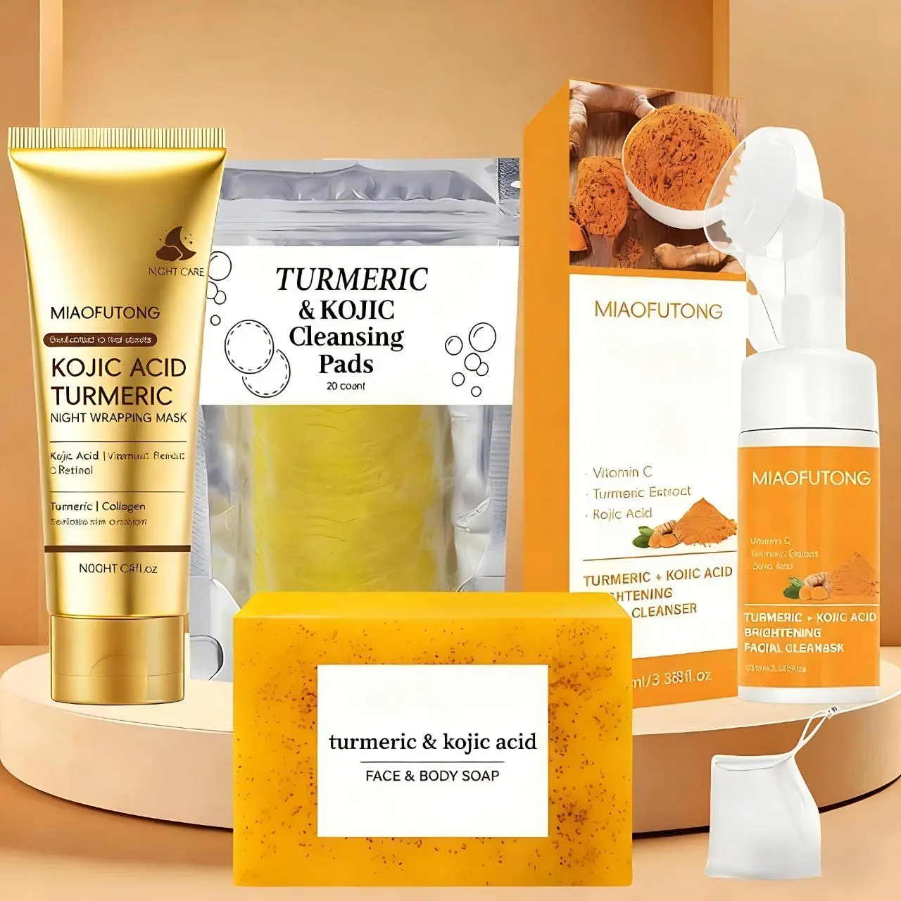 Turmeric 4-Piece Skincare Set  – Includes Turmeric Night Mask Turmeric Soap, Turmeric Cleansing Mousse,and Turmeric Tablets. A complete cleansing and skincare kit