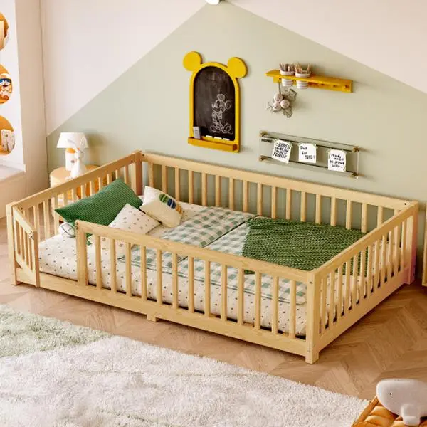 【Bellemave】Twin/Full/Queen Size Bed Floor Bed with Safety Guardrails and Door(Mattress not included)