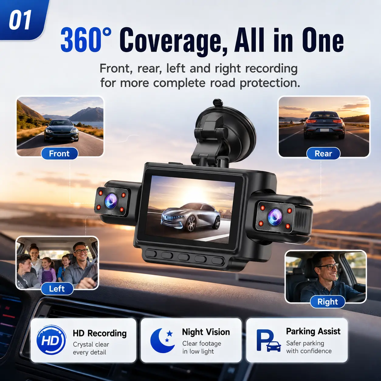 C313 Compact Car Dash Cam with Suction Mount - Vehicle Safety Driving Recorder for Daily Drive, Road Trips