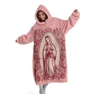Hooded blanket, wearable blanket, Cozy hooded blanket, Virgin Mary rose print hooded wearable blanket, digital print flannel blanket, soft and warm blanket sofa throw, air conditioning blanket, nap blanket, office, camping, travel