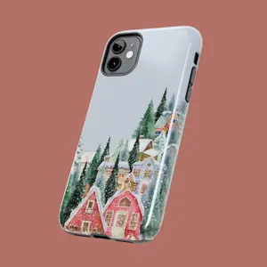 Snowy Village Phone Case Winter Cottage Landscape Holiday Christmas Gift Idea Snow Scene Dual Layer Protection Polycarbonate TPU Rubber Liner Glossy Finish UV Protection