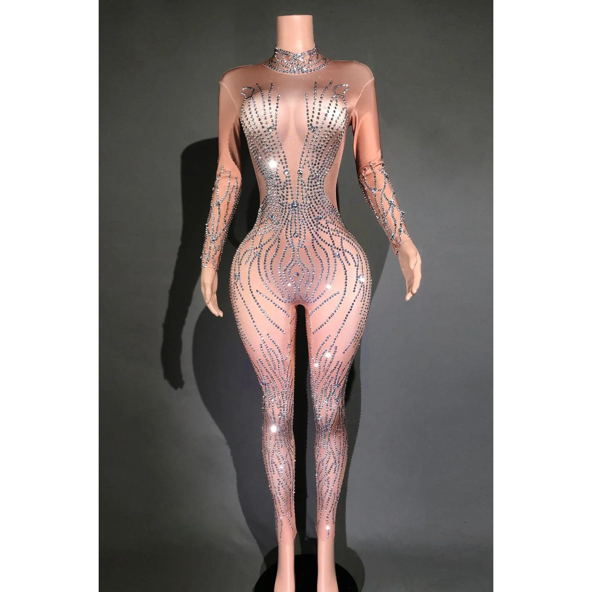 Silver Metallic Sparkling Rhinestone Transparent Skin Color Striped Long Sleeve Women's Skin Tight Formal Stage Performance Jumpsuit