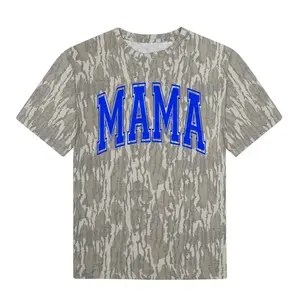 MAMA Camo Graphic T Shirt Blue, Bold Varsity Letter Print, Unisex Streetwear Camouflage Top for Moms, Daily Casual Wear, Mossy Oak T-Shirt 3D All Over