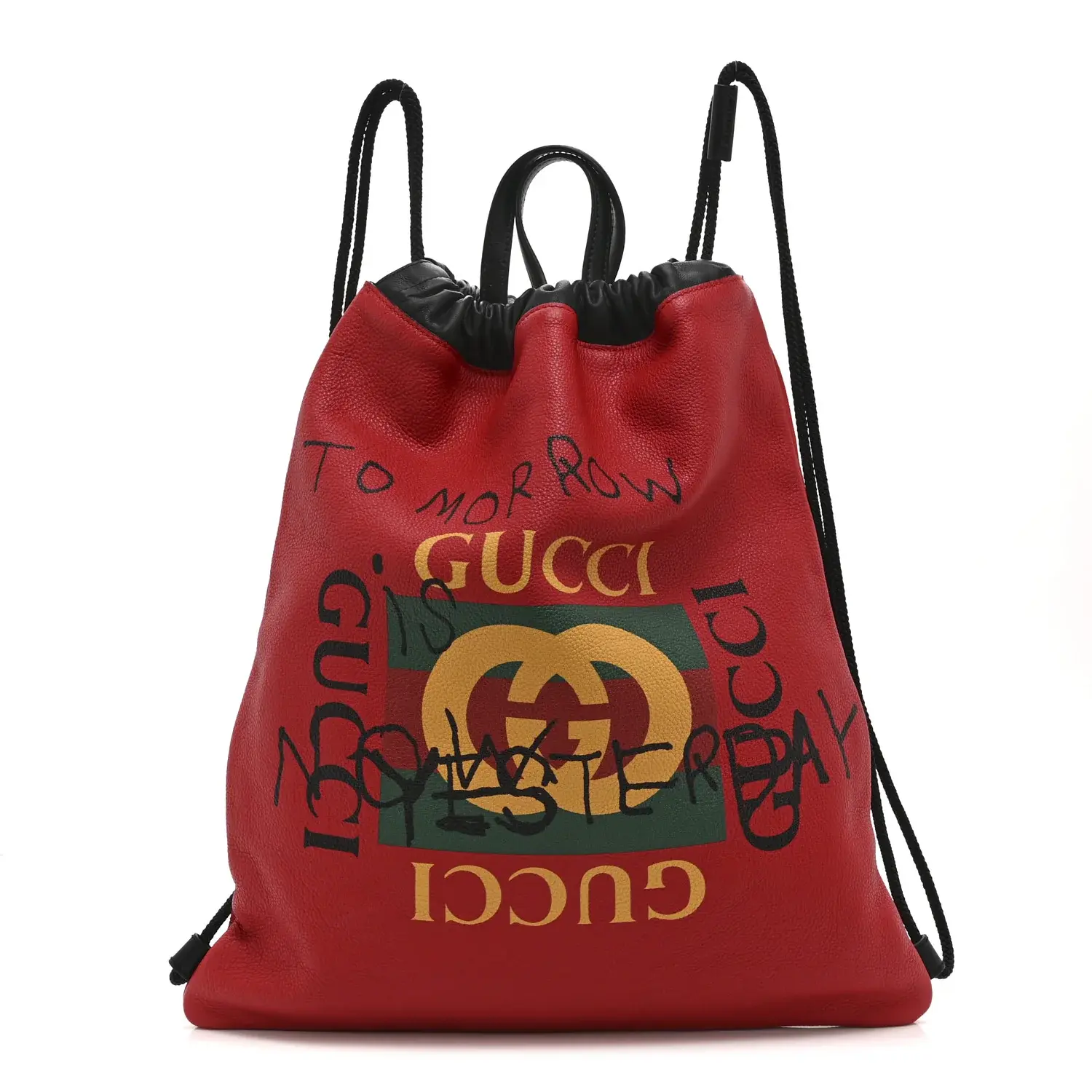 Pre-owned GUCCI Calfskin Leather Backpacks Calfskin Coco Capitan Logo Drawstring Backpack Hibiscus Red