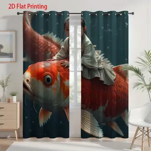 2pcs Chinese Koi Fish Curtains - Red & White Koi Fish Window Drapes with Grommet Top, Semi-Sheer Light Filtering Window Treatments for Living Room, Bedroom, Freddy Krueger Curtain, Curtain With Christmas Cat Stencil, Halloween Cat Curtain