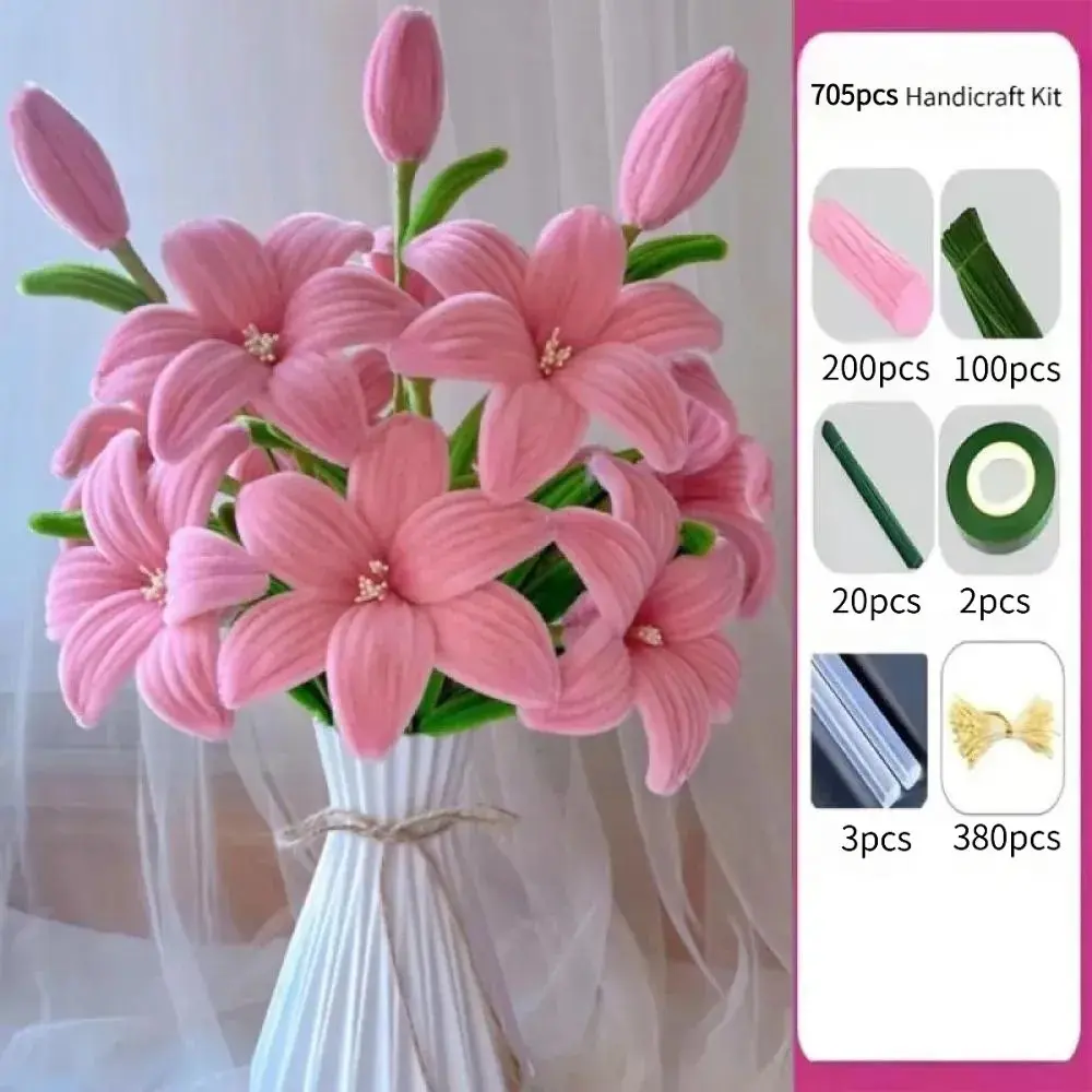 705pcs Lily Eternal Decorative Bouquet Gift Twist Stick DIY Kit, 10 Flowers & 3 Buds, Handmade Material Set, Perfect for Birthdays, Valentines, Mothers Day, Realistic Faux Flowers, Artificial Flower Decorations, Artificial Flower Arrangement