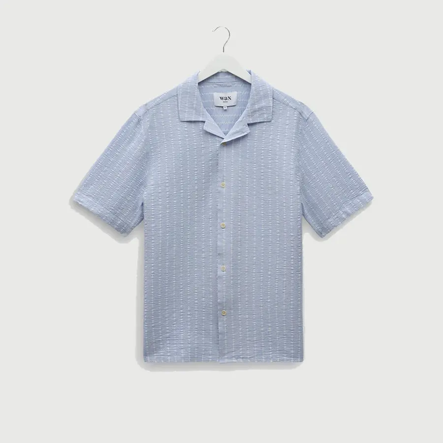 Wax London Didcot - SS Seersucker Stripe - 'Blue/Ecru'