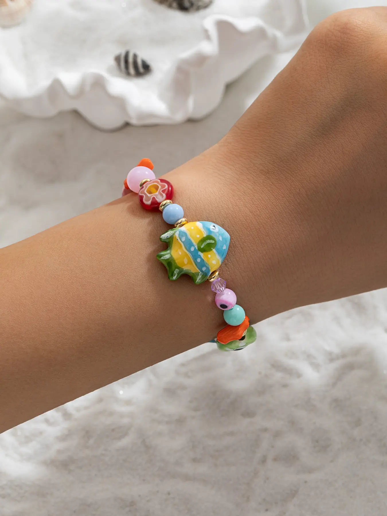 Women's Ceramic Beaded Bracelet, Random Color Fish Turquoise Starfish Charm, Daily Wear Jewelry for Vacation Beach Play, Exquisite Bracelet, High Quality Bracelet