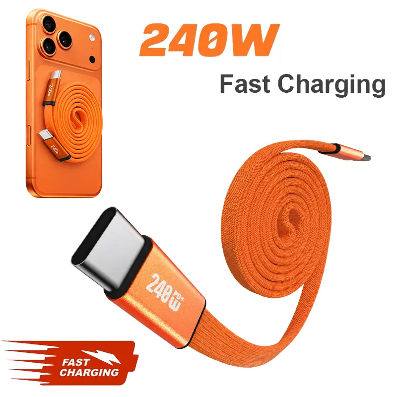 240W Usb-c Super Fast Charge Cable, PD 5A Fast Charging & Data Sync, Type-C Flat Braided Magnetic Portable Charger Carplay Cord for iPhone 15/16/17 Pro Max/iPad/Airpods/Samsung Series Phone Accessories