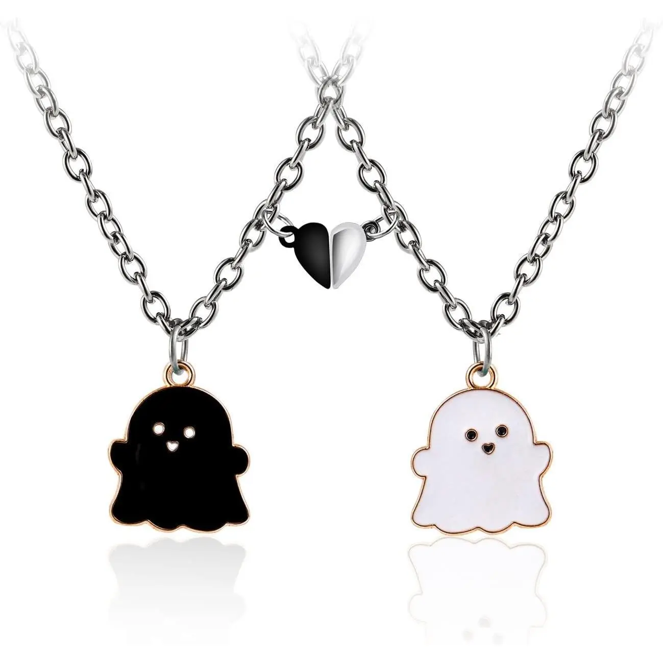 Cute Ghost Necklace Set, 2-Piece Alloy Magnetic Pendants, Matching Love Mouth Jewelry for Couples for Halloween & Anniversary Gifts, Two Piece Set