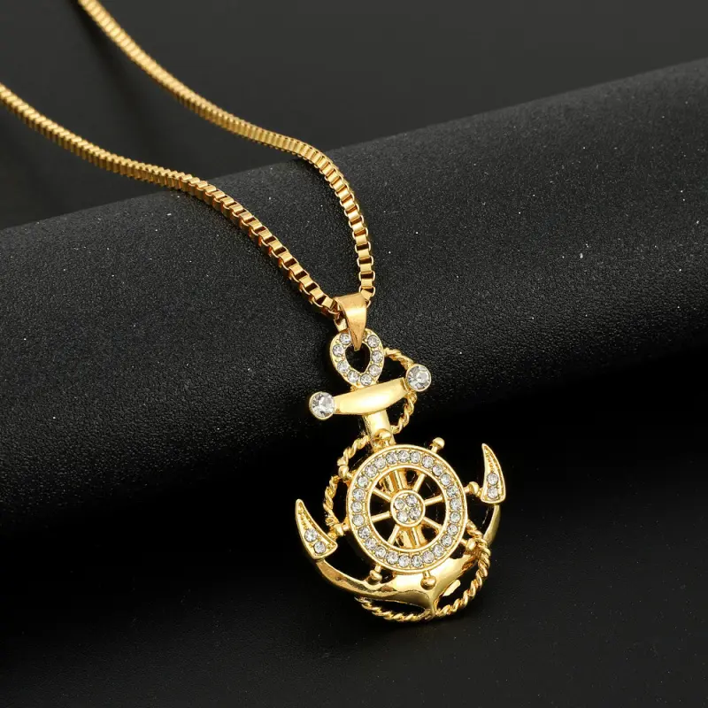 Men's Gold/Silver Plated Nautical Anchor Necklace with Crystal Accents - Anchor Motif, Ocean-Inspired, Clavicular Style Fashion Costume Jewelry, Anchor Motif Necklaces, Ocean-Inspired Necklaces