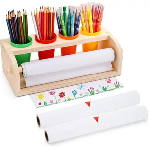 Wood Tabletop Paper Roll Dispenser, Drawing Paper Roll Holder with Pencil Cups, 2 Rolls 11.4'' x 32.8ft White Bond Paper, Desktop Easel for Drawing, Writing, Doodle, Craft