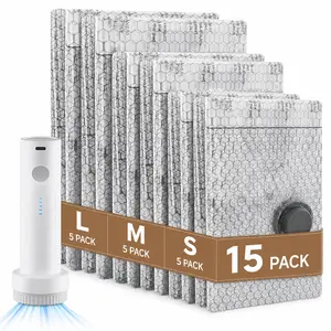 Waterproof Eco-Friendly Cordless Travel Vacuum Storage Compression Bag Set (15 Pack, 3 Sizes) - USB Rechargeable Built-in Battery Hand Pump, Home Supplies Organiser for Carry-On Suitcases, Bathroom & Home Storage