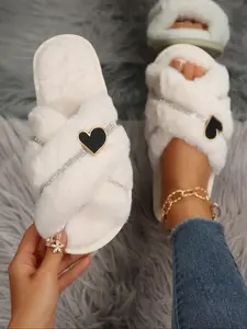 Women's New Fuzzy Home Slippers, Casual Slipper, Fashion Design, Cross Strap, Heart & Stripe Rhinestones, Soft Plush, One-Piece Wear, Fall&winter, Soft Non Slip