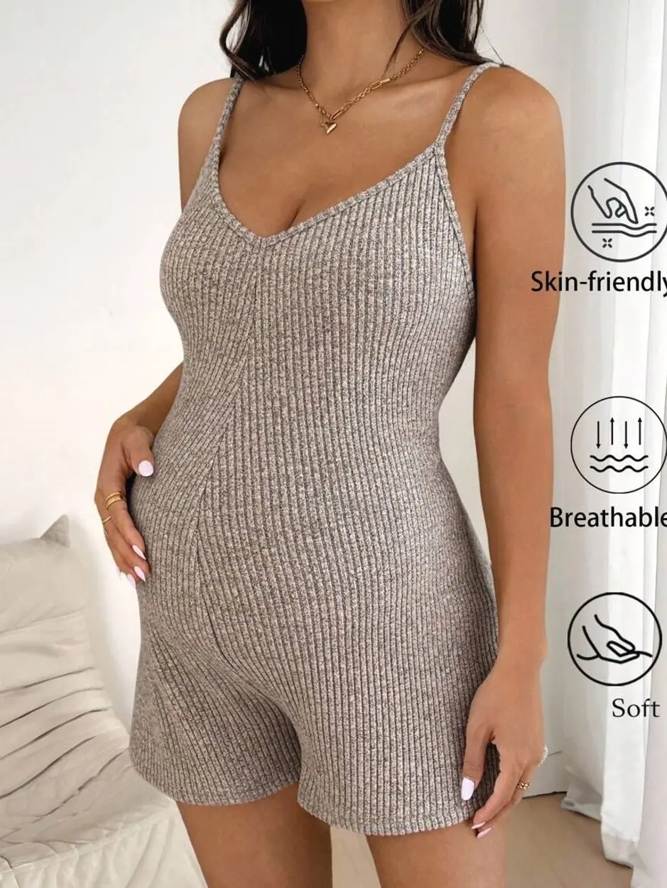 Maternity Jumpsuit, Adjustable Strap Solid Color Romper, Comfortable One-Piece Pregnancy Wear