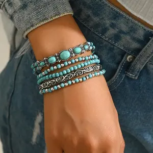 5pcs/set Western Cowboy Style Retro Imitation Turquoise Series Fashion Elastic Rope Beaded Bracelet Set Suitable for Daily Wear by Women or MenGift