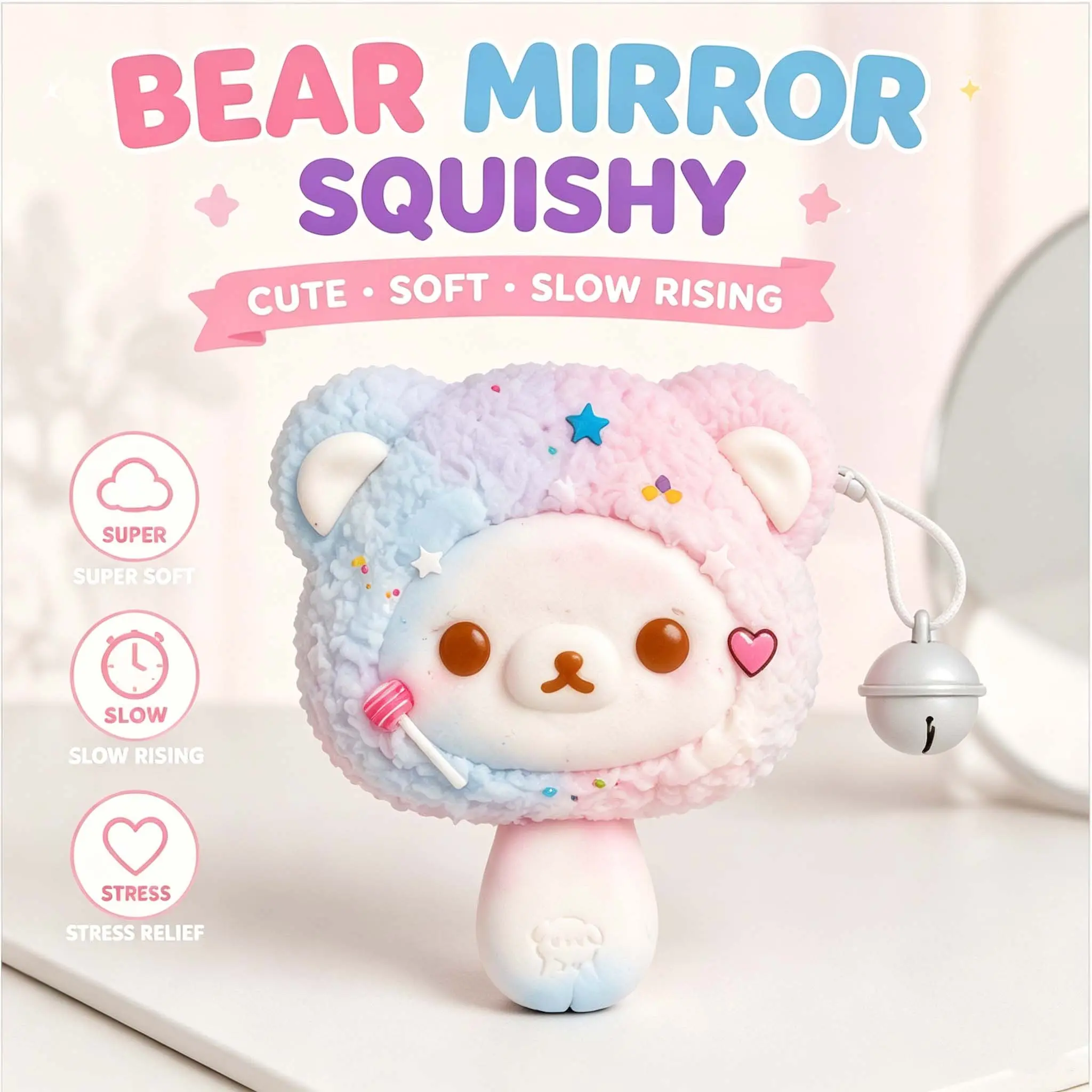 Bear Mirror Squishy Toy, Cute Kawaii Bear Hand Mirror & Soft Squishy Fidget Toy, Slow Rising Stress Relief Sensory Toy, Gift for Kids Teens Adults