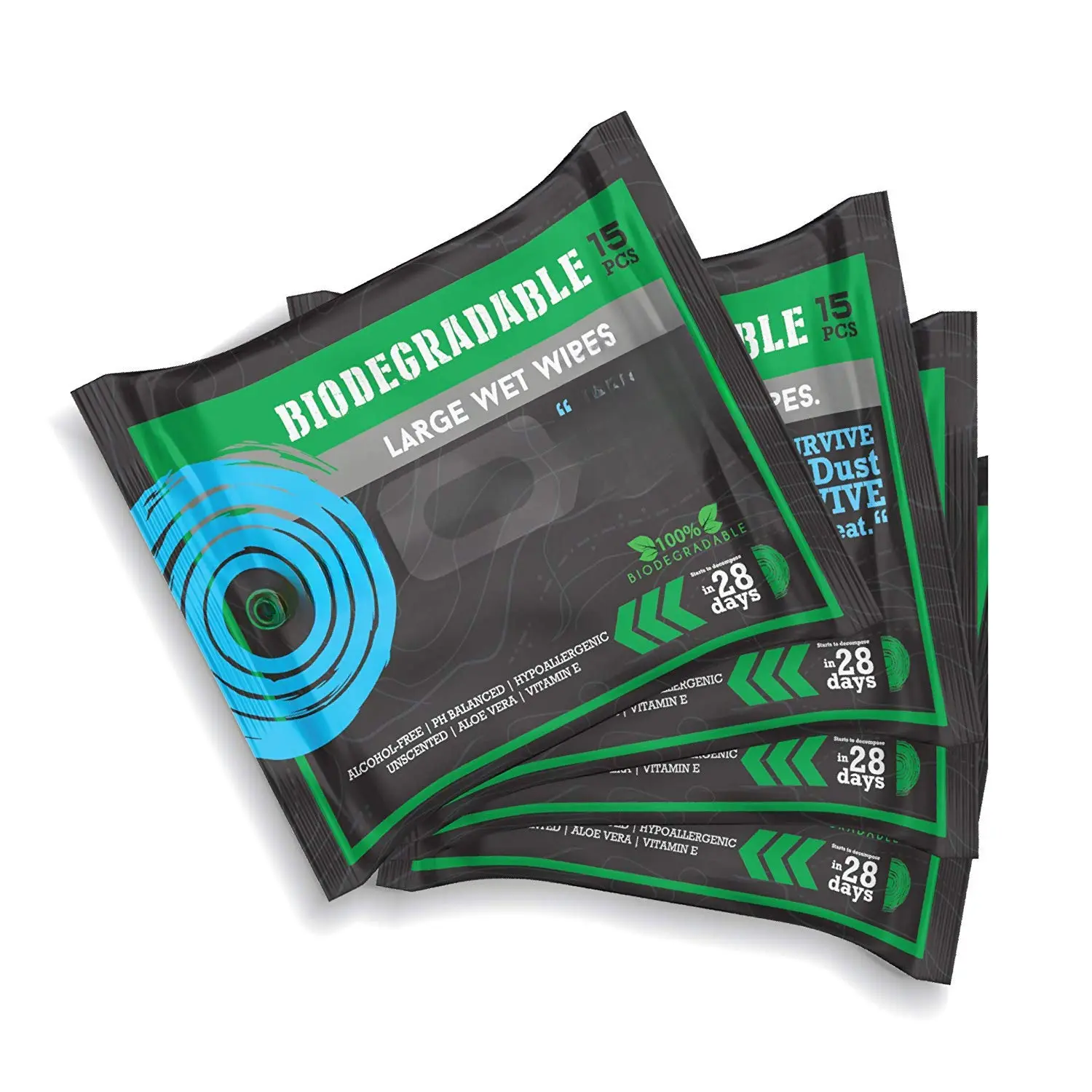 Biodegradable Wipes Men or Women - Shower Wet Wipes ,  &  - Outdoors, Travel, Camping &  Workout - Total of 60 Wipes - 15 Count, Pack of 4