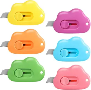 [New Deal] 6Pcs Cloud Box Cutter Retractable, Mini Utility Knife Letter Opener Envelope Slitter, Small Package Opener Paper Cutters with Keychain Hole for Office Home School Stationery DIY Crafts Rainbow Color