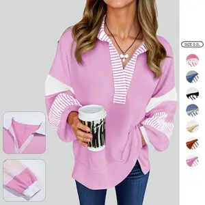 Imily Bela Womens Color Block Oversized Sweatshirt V Neck Long Sleeve Casual Loose Pullover Tops
