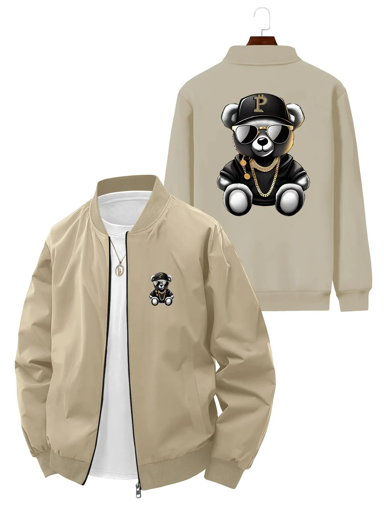 Trendy Street Style Men's Cartoon Bear Printed Baseball Jacket for Daily Outings and Casual Wear