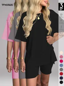 Women's Solid Color Tee & Skinny Shorts Loungewear Set, Fashion Casual Comfy Round Neck T-shirt & Shorts PJ Set, Ladies Sleepwear for Summer, Pajama, Soft Lounge Sets, comfyessentials, giftideas,summersale,pjs,nightwear,sleepwearfashion